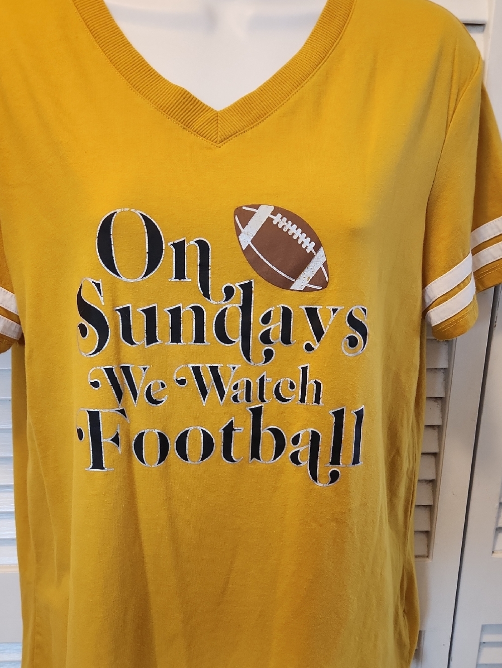 No Boundaries Mustard Yellow V-Neck 'On Sundays We Watch Football' Tee